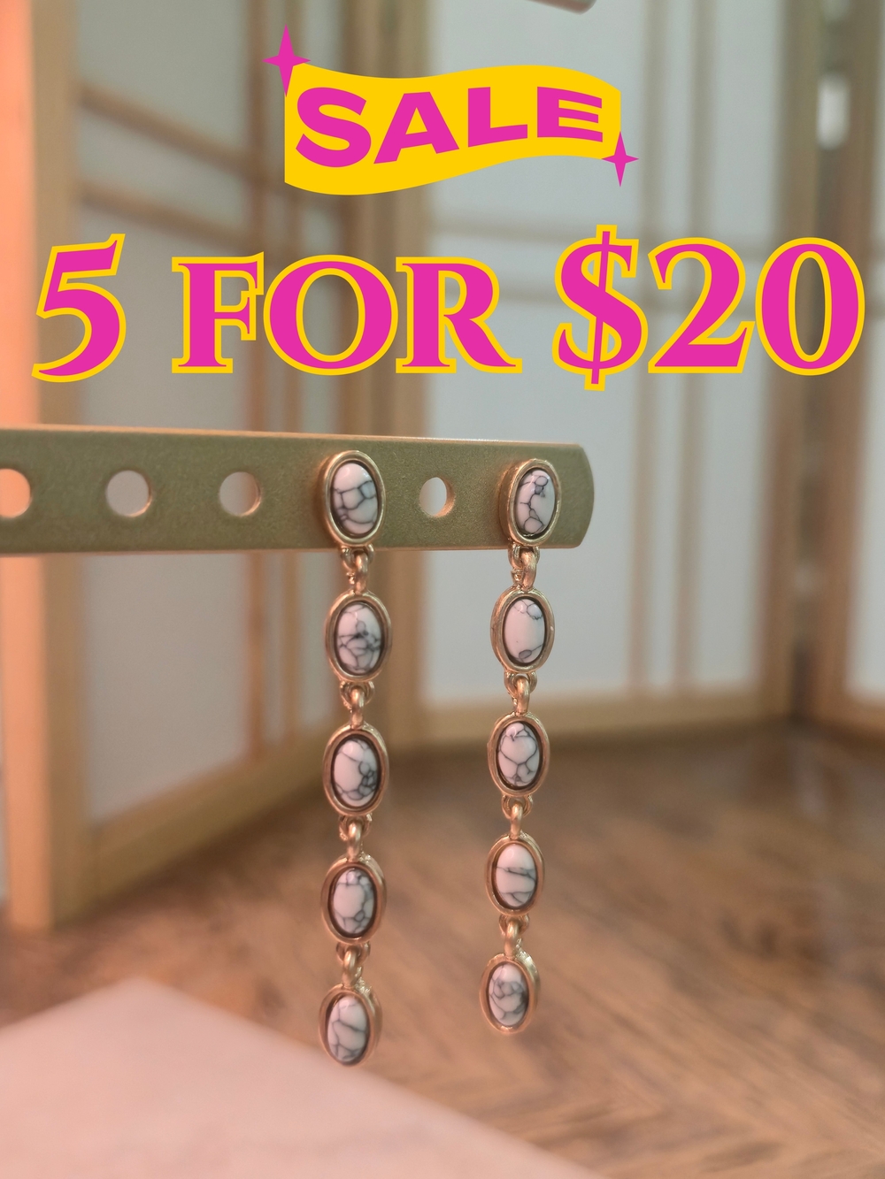 Gold Tone White Marble Drop Earrings | 5 for $20 Jewelry Sale